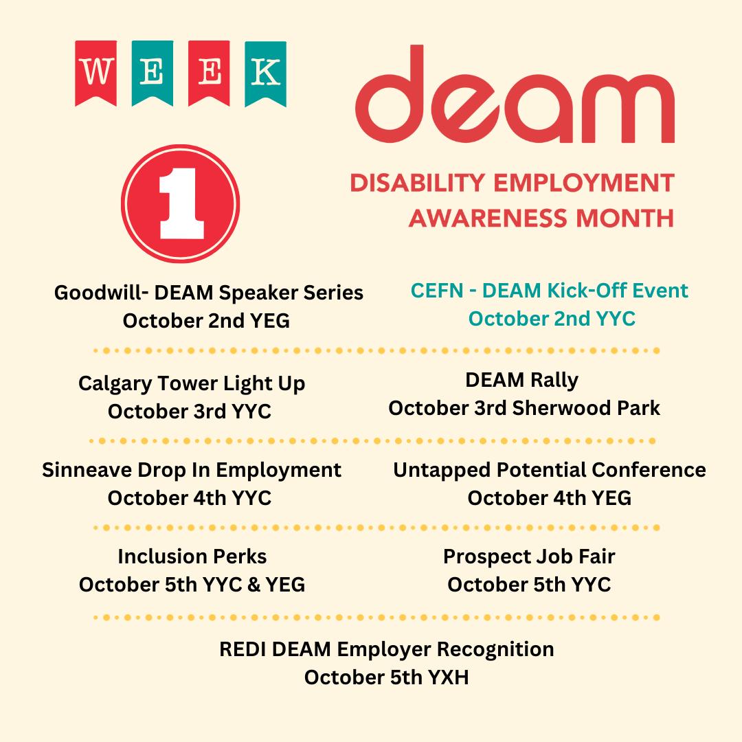 sinneave's tweet photo. Today marks the start of Disability Employment Awareness Month (DEAM)! A time to celebrate, educate, and raise awareness around employment inclusion for people with disabilities. View the attached photos for a schedule of events all month long!  #DEAM #IncludingAll https://t.co/1FrzeSc6qj