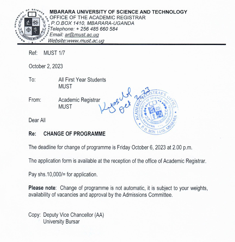 sg_must's tweet photo. To All  the First Students who would like to change the programme.
@MbararaUST 
#mustUpdates https://t.co/n5s2z7E3rr