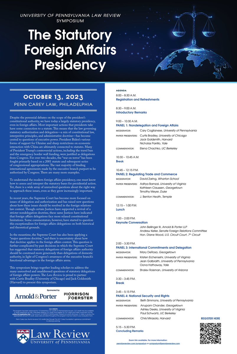 The @PennLRev is proud to partner with @curtisabradley and @jacklgoldsmith for this year's symposium on October 13th, with in-person and virtual attendance. Thank you to @arnoldporter and @MoFoLLP for their generous support of this event. Register here: eventbrite.com/e/the-statutor…