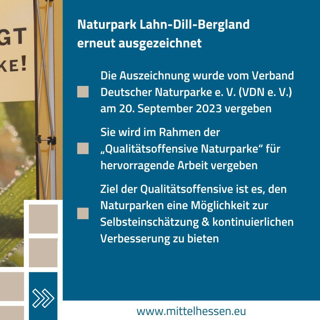 Der #Naturpark Lahn-Dill-Bergland hat über 100 Fragen zu seiner Arbeit im Bereich „Management und Organisation“ sowie in vier weiteren Handlungsfeldern beantwortet und daraufhin erneut die Auszeichnung als „Qualitäts-Naturpark“ erhalten: is.gd/fZnGdW
#mittelhessen