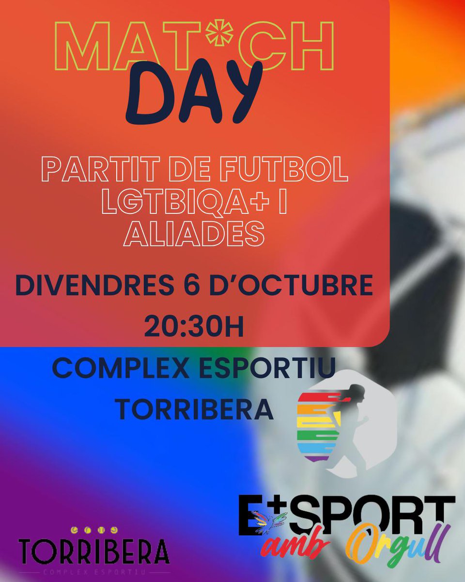 🏳️‍🌈🏳️‍⚧️⚽️ Torna l’#esportamborgull amb un MAT*CH DAY: partit de
futbol Iliure de #LGTBIQfobia! ✋🏽

👟 Format 5×5
✨ Categoria amateur
❤️‍🔥 Equips mixts

🗓️ #6octubre 
🕒 20:30h
📍Complex Esportiu Torribera

💥 Inscriu-t’hi! 👇🏾
shorturl.at/yDFV2

#SantaColomaLGTBIQ