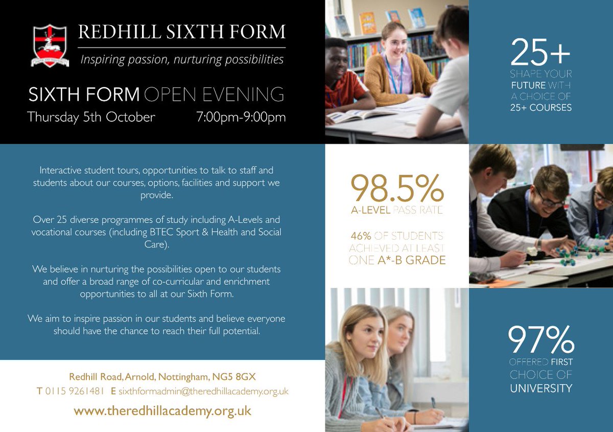 TOA_Notts's tweet photo. Redhill Sixth Form Open Evening
Thursday 5th October 7:00pm-9:00pm
Interactive student tours, opportunities to talk to staff and students about our courses, options, facilities and support we provide. https://t.co/iy9vsahxiP