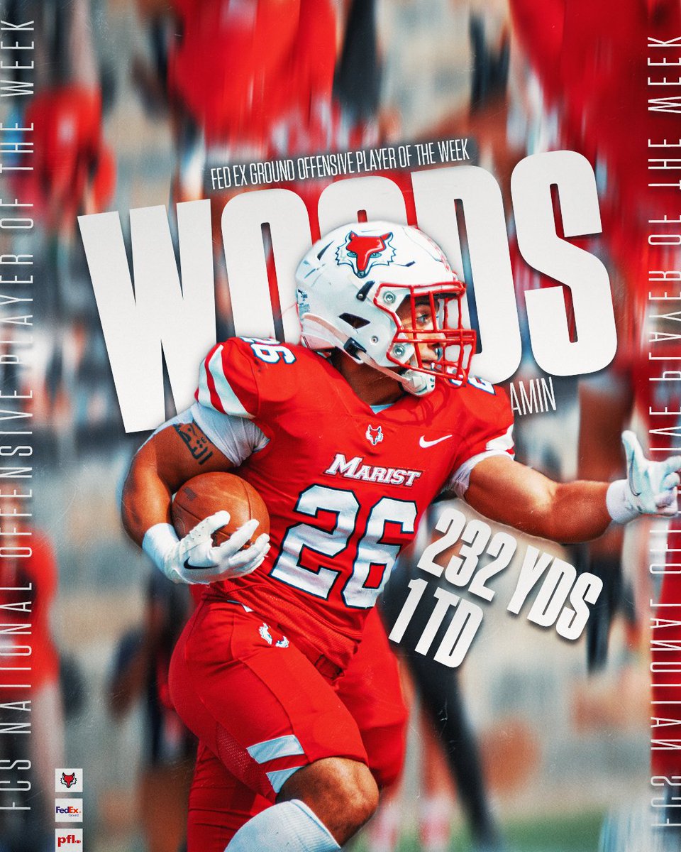 Marist_Fball's tweet photo. 🦊 232 rushing yards (first 200-yard game by a Red Fox in 15 years)
🦊 38 carries (tied program's Division I single-game record)
🦊 67-yard touchdown on the Red Foxes' first offensive play (career long)

Amin Woods = FedEx Ground FCS National Offensive Player of the Week! https://t.co/9wFijd5tOz