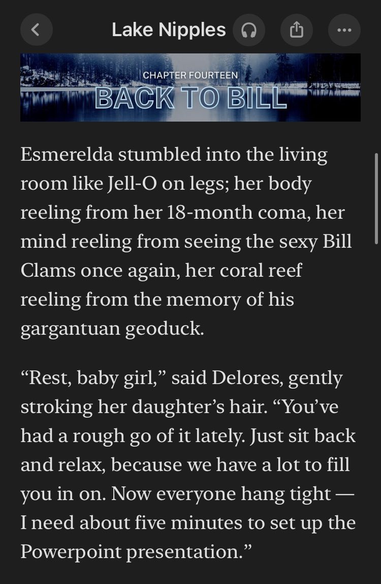 Newest Lake Nipples chapter is currently in inboxes! If you haven't subscribed yet, better get on that. It's quite possibly the only Substack worth reading, and not just because it has doughnut recipes and hardcore sex scenes! (But mostly that.)

lakenipples.substack.com/p/chapter-14-b…