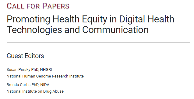 ✨ Call for papers ✨
Promoting Health Equity in Digital Health Technologies and Communication

Excited to be co-editing this special issue in @Cyberpsych_Jn 

Send us papers on health equity & m-heath, VR/AR/XR, wearables, AI, etc.
Deadline 10/31 🎃

home.liebertpub.com/cfp/promoting-…