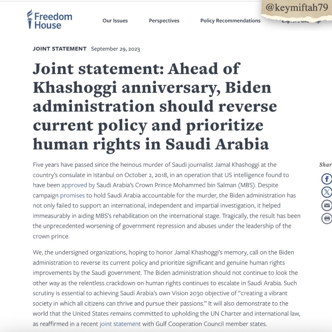 منظمة Freedom House لحقوق الإنسان:
15 منظمة حقوقية تصدر بياناً مشتركاً في ذكرى اغتيال #جمال_خاشقجي؛ تحث إدارة بايدن على عكس السياسة الحالية مع ابن سلمان، وإعطاء الأولوية لحقوق الإنسان في المملكة.

#الاتحاد_ساباهان 
#احمد_العونان 
#الإسماعيلية