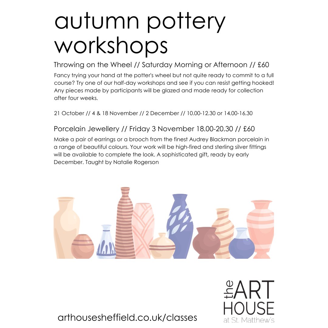 ArtHouseSheff's tweet photo. Try something new this Autumn. We still have some spaces available on Pottery courses and workshops starting this Autumn!

https://t.co/P73mQ8zlld

#sheffieldissuper https://t.co/fQl9GGsmky