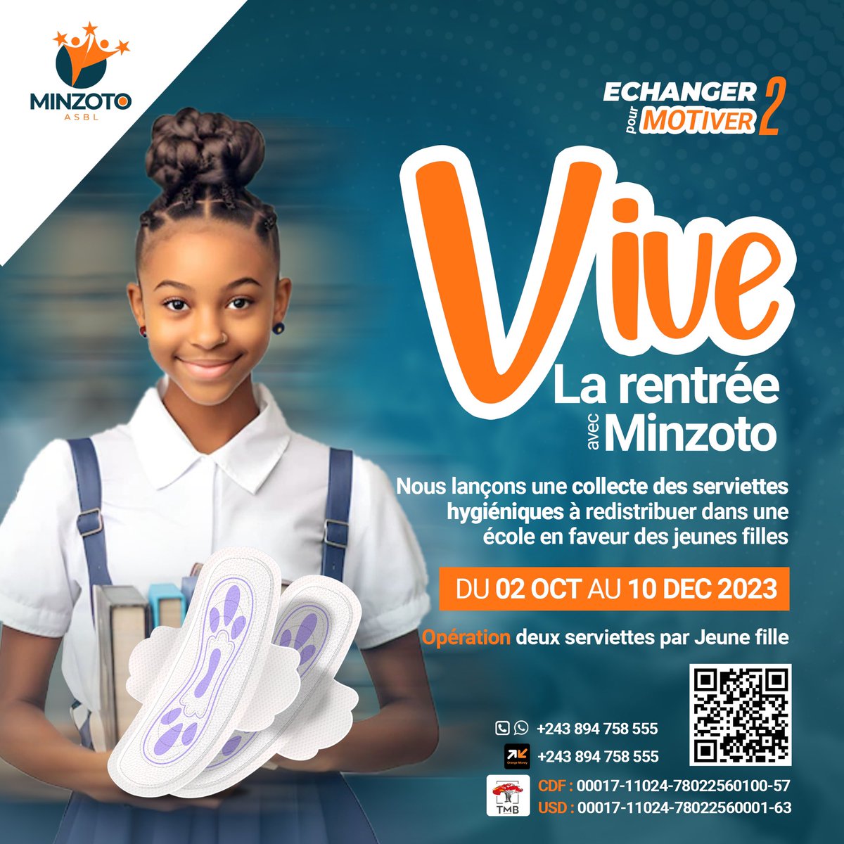 Fort du retour reçu de nos abonnés au sujet de notre collecte du mois de mai 2023, au profit des jeunes orphelines de l’orphelinat ENRICA de Limete, nous avons décidé d’organiser ÉCHANGER POUR MOTIVER II (collecte des serviettes hygiéniques au profit des élèves).