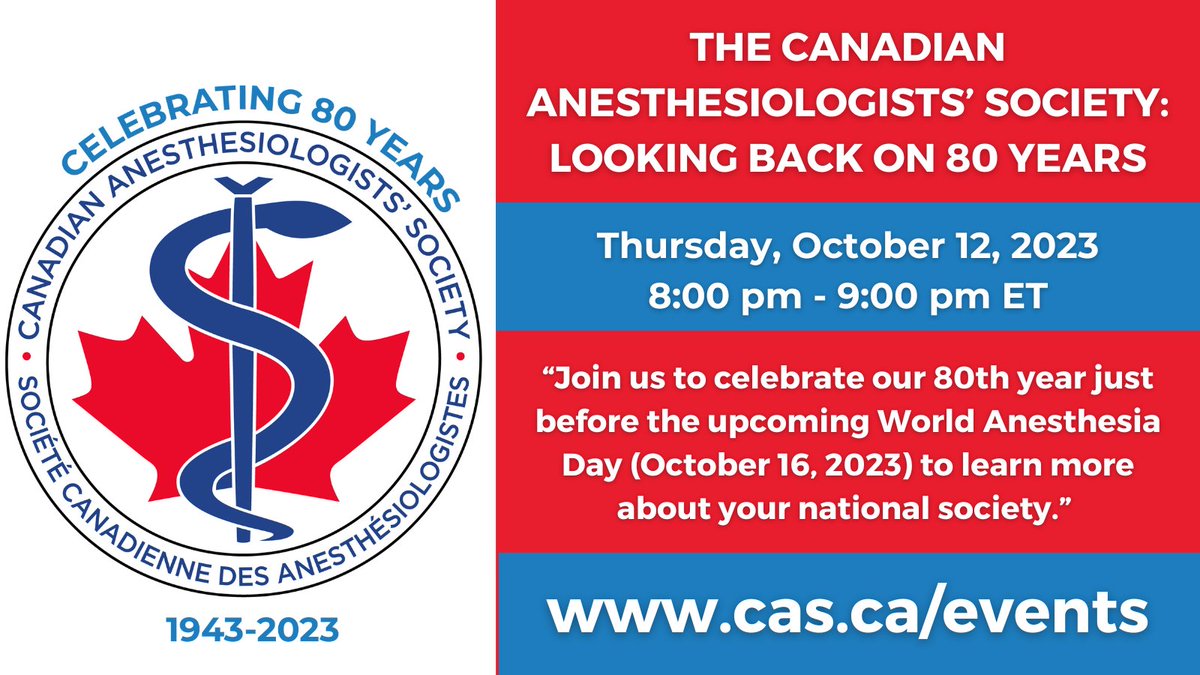 Event! CAS has come a long way since 1943, growing from 5 to 2,500 members. Join us Oct 12 in the prelude to #WorldAnesthesiaDay for a webinar to learn about CAS' 80 years of achievements, milestones and more. @cas_history Register - ow.ly/jYIf50PS1Mx