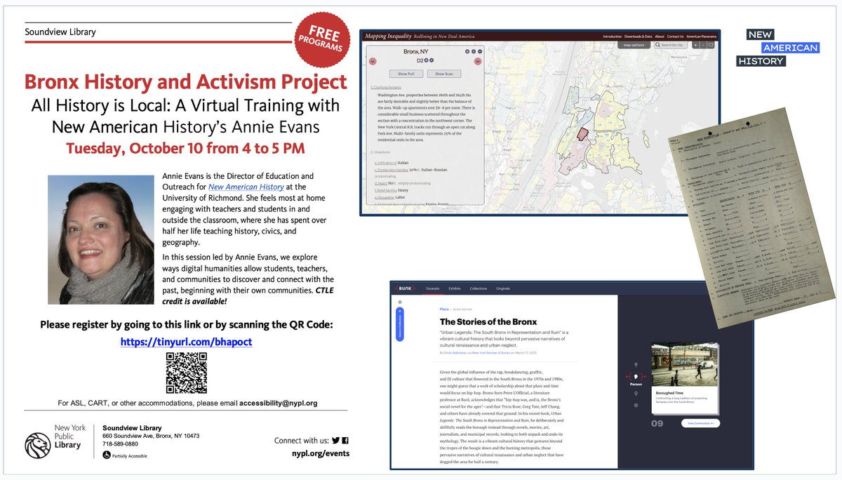 You don't have to live or teach in the Bronx to join us on Oct 10 with our friends from @nypl Bronx History Project! 4-5 pm EST - register here: tinyurl.com/bhapoct @NewAmericanHist @bunkhistory @UR_DSL #freedomtoread