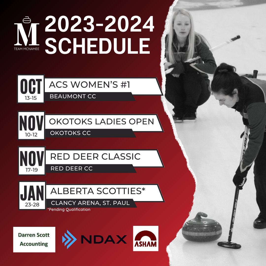 team_mcnamee's tweet photo. We're getting close to kicking off the 2023-2024 season! Here's where we'll be playing this season. Follow the action all season on this page!

Thank you to our sponsors for their support this season:
🥌 Darren Scott Accounting
🥌 @ndaxio
🥌 @AshamCurling #teamasham https://t.co/rnOfLy5Bu1