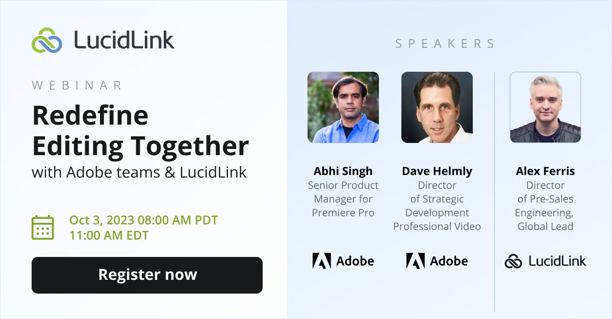Lucid_Link's tweet photo. Say goodbye to download delays and version chaos 👋 Don't miss our #webinar tomorrow where @Adobe and LucidLink will show you how to streamline collaborative #editing, making it easier to work together from anywhere ➡️ https://t.co/yrkg3q2Qkf  #collaboration #CollaborativeEditing https://t.co/cNyme42vGv