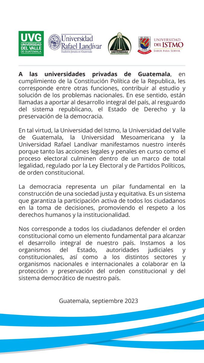 Factor4_GT's tweet photo. "Nos corresponde a todas/os las/os ciudadanas/os defender el orden constitucional como un elemento fundamental para alcanzar el desarrollo integral de nuestro país".

#DefensaDeLaDemocracia | Universidades privadas, instan al cumplimiento de la Constitución y la ley electoral. https://t.co/C49lNJRenc