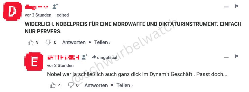 schwurbelwatch's tweet photo. Natürlich ist der Nobelpreis auch beim Desinformationsverbreiter #BorisReitschuster Thema.
Ein Leser:
"NOBELPREIS FÜR EINE MORDWAFFE UND DIKTATURINSTRUMENT"
Ein anderer bezeichnet Uğur Şahin als "Verbrecher und Systemschmarotzer". https://t.co/veRJWIwAuD