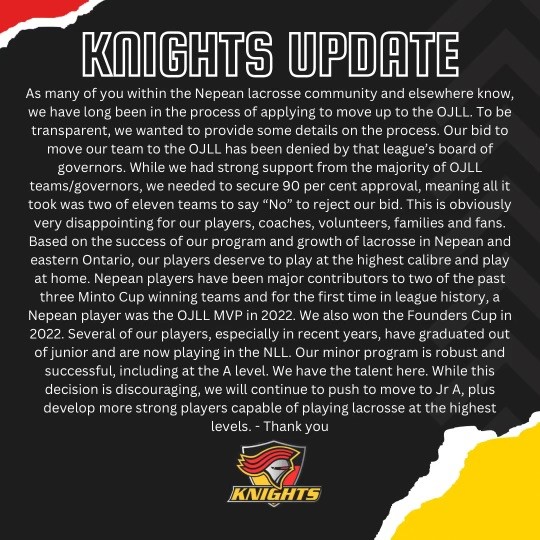 The OJLL Board of Governors has denied our bid to join the league and will not be expanding to eastern Ontario.