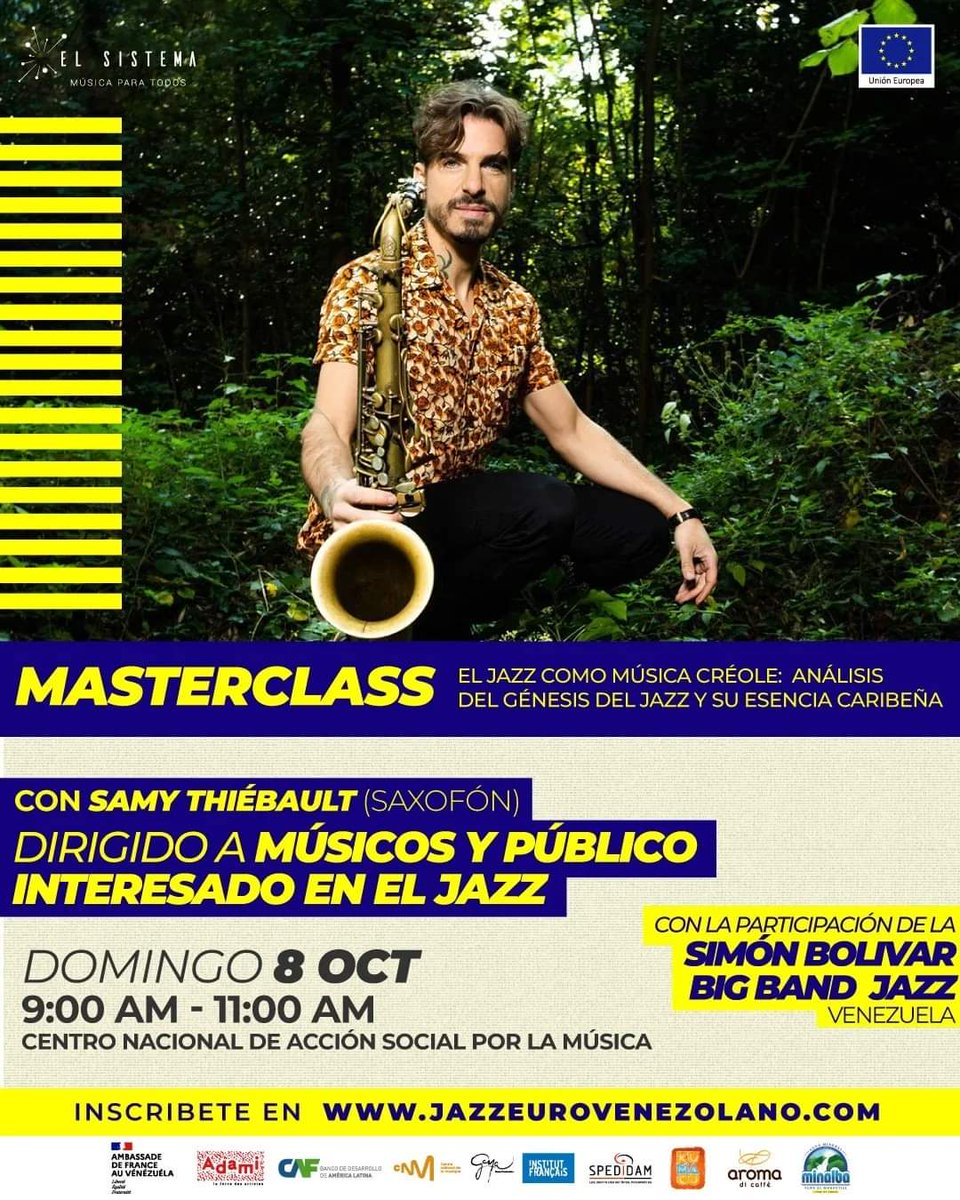 En el marco del II Festival Eurovenezolano de Jazz, nuestra Simón Bolívar Big Band Jazz se unirá al saxofonista francés @samythiebault en un concierto - masterclass el próximo 8 de octubre👏🏼. Asimismo, nuestra agrupación cerrará este festival el día 15 de dicho mes