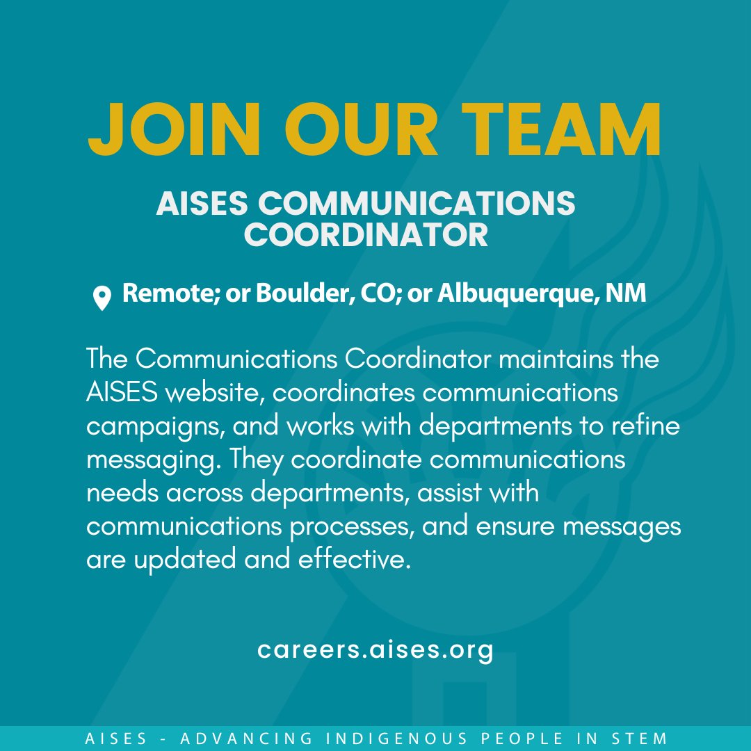 AISES's tweet image. 🌍 Join us in building a brighter future for indigenous STEM excellence! AISES is seeking a Communications Coordinator to join our team. Apply now! 🌟
careers.aises.org