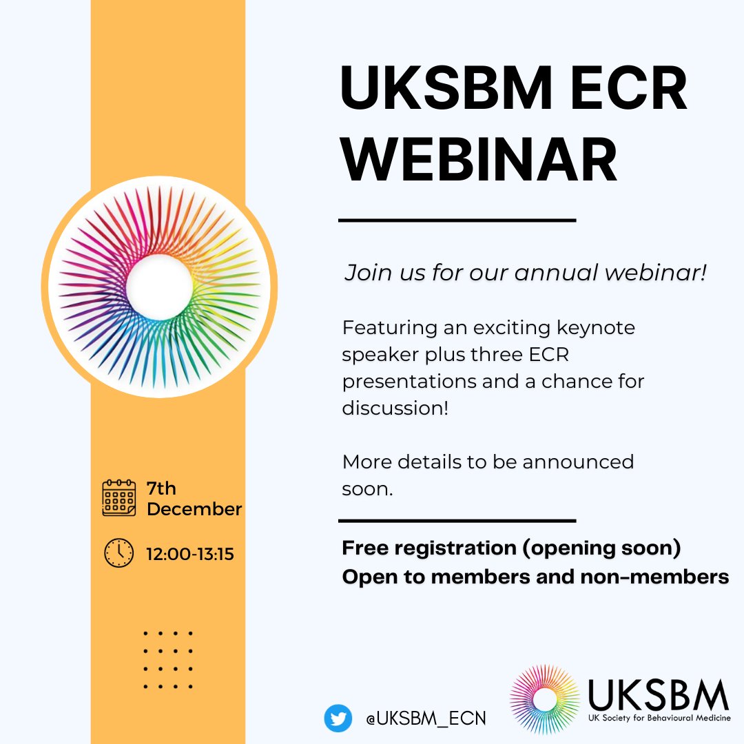 UKSBM ECN (@uksbm_ecn) on Twitter photo 📢Save the date!!
📅 7th December, 12:00 (online)
Join us for our annual <a href="/UKSBM_ECN/">UKSBM ECN</a> webinar!
Details to come.
<a href="/UKSBM/">UK Society for Behavioural Medicine</a> #ecrchat <a href="/TheMartinLamb/">Martin Lamb</a> <a href="/KiuSum/">Kiu Sum</a> <a href="/KhaledaAhmadyar/">Khaleda Ahmadyar</a> <a href="/JessZLeather/">Jess Leather, PhD</a> <a href="/SophieGreen_96/">Sophie Green</a> 📢Save the date!!
📅 7th December, 12:00 (online)
Join us for our annual <a href="/UKSBM_ECN/">UKSBM ECN</a> webinar!
Details to come.
<a href="/UKSBM/">UK Society for Behavioural Medicine</a> #ecrchat <a href="/TheMartinLamb/">Martin Lamb</a> <a href="/KiuSum/">Kiu Sum</a> <a href="/KhaledaAhmadyar/">Khaleda Ahmadyar</a> <a href="/JessZLeather/">Jess Leather, PhD</a> <a href="/SophieGreen_96/">Sophie Green</a>