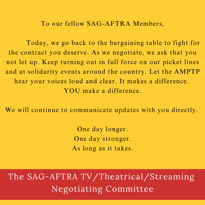 Today, we go back to the bargaining table to fight for the contract you deserve. Keep turning out in full force on our picket lines and at solidarity events around the country. Let the AMPTP hear your voices loud and clear. It makes a difference. YOU make a difference.