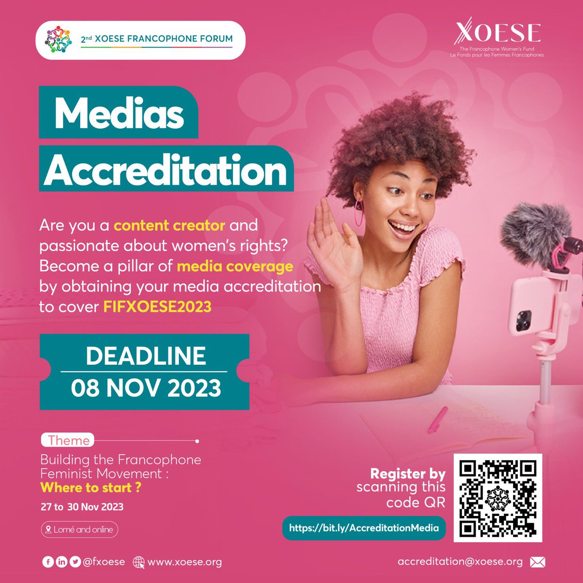 fxoese's tweet photo. 📢 𝐂𝐀𝐋𝐋 𝐓𝐎 𝐂𝐎𝐍𝐓𝐄𝐍𝐓 𝐂𝐑𝐄𝐀𝐓𝐎𝐑𝐒 📢

Have you always dreamed of covering an international event, discussing burning topics, and giving a voice to Francophone women? Then, the media accreditation for FIFXOESE2023 is for you ! (01) 👇🏽 https://t.co/8ewp3PDywW