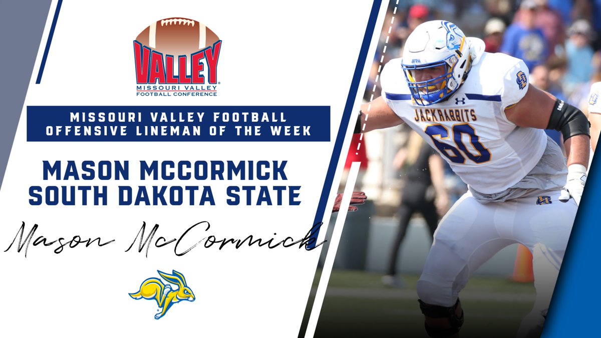 ValleyFootball's tweet photo. Your #MVFC Offensive Lineman of the Week -- @GoJacksFB Mason McCormick.  He graded at 93 percent with six finish blocks as SDSU rushed for 266 yards (7.2 yards per carry) and scored touchdowns on six of their first seven offensive possessions vs. UND.

https://t.co/tljVHhLtpQ https://t.co/O5uSXzvJvb