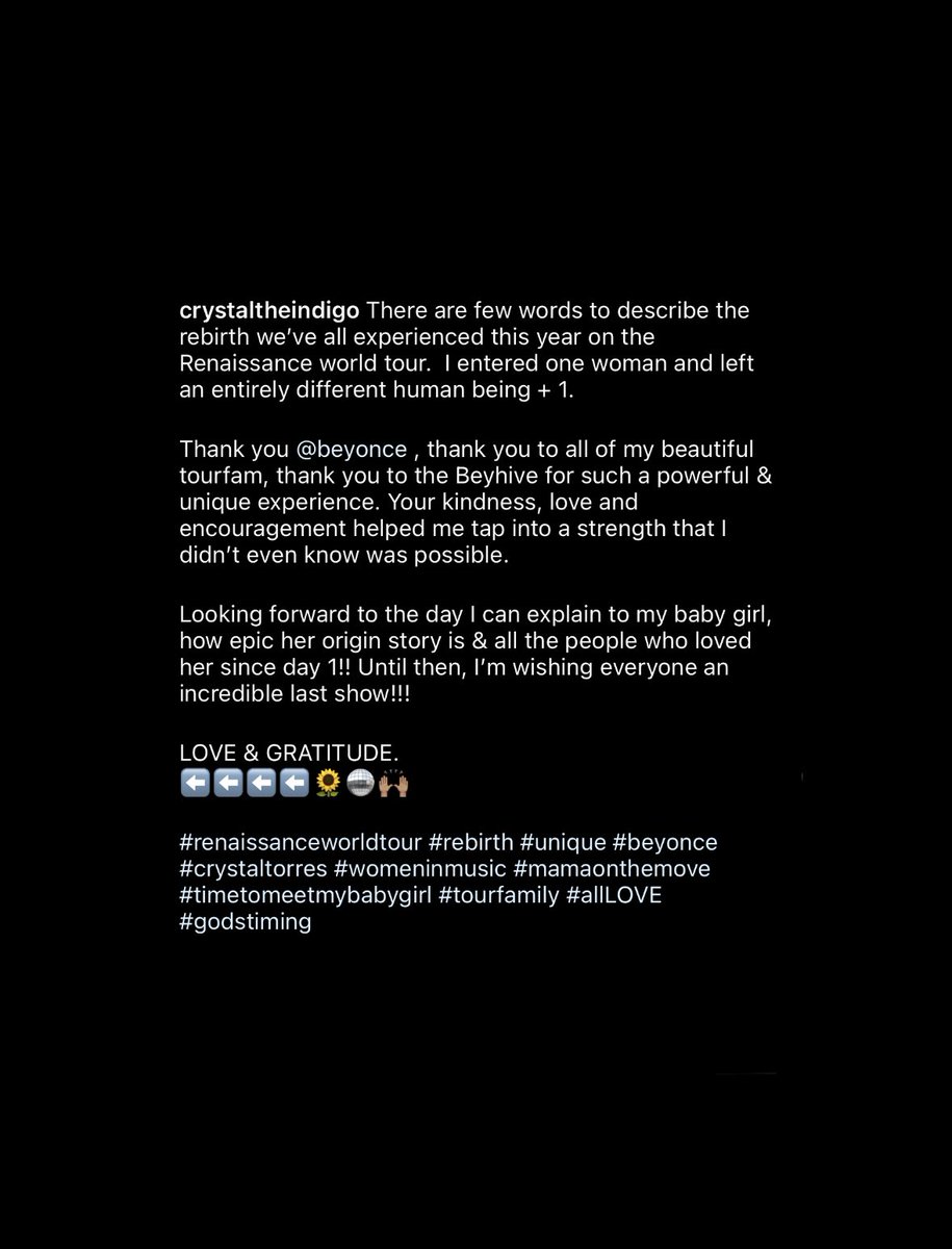 Beyoncé’s fabulous trumpet player Crystal Torres celebrates the end of the RENAISSANCE World Tour

“There are few words to describe the rebirth we've all experienced this year on the Renaissance world tour. I entered one woman and left an entirely different human being + 1.”