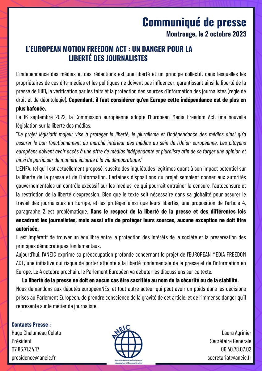 ANEIC_IC's tweet photo. [COMMUNIQUÉ DE PRESSE] 
#MediaFredoomAct va autoriser l'espionnage des journalistes au nom de la "sécurité intérieure". 
Cette mesure est un danger pour la liberté de la presse et la sécurité des journalistes en Europe ! 
#EMFA https://t.co/InPtMGcAVY