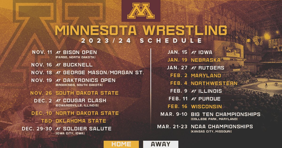 You've asked for it, and now it's here!

The #Gophers have unveiled their full 2023-24 schedule with 14 dual meets, including 7 at Maturi Pavilion.

Full story: z.umn.edu/8ys1

Season Tickets: z.umn.edu/8oxx