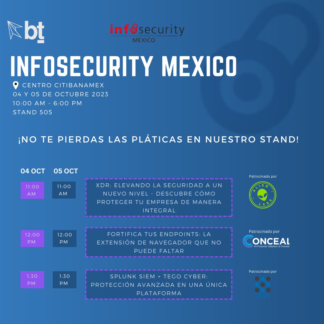 BrierandThornMX's tweet image. ¡Listos para #Infosecurity México 2023! Este 4 y 5 de octubre te proporcionaremos información de valor con tres pláticas donde daremos detalles de cómo mejorar tu ciberseguridad y grandes herramientas para tu protección de tu TI .  #Infosecurity2023 #Ciberseguridad #Brier&amp;amp;Thorn
