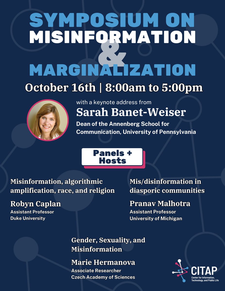 The Symposium on Misinformation and Marginalization hosted by CITAP is just 13 days away (but who's counting?) 🎟️Get your (free!) ticket to stream or attend in-person here: eventbrite.com/e/misinformati…