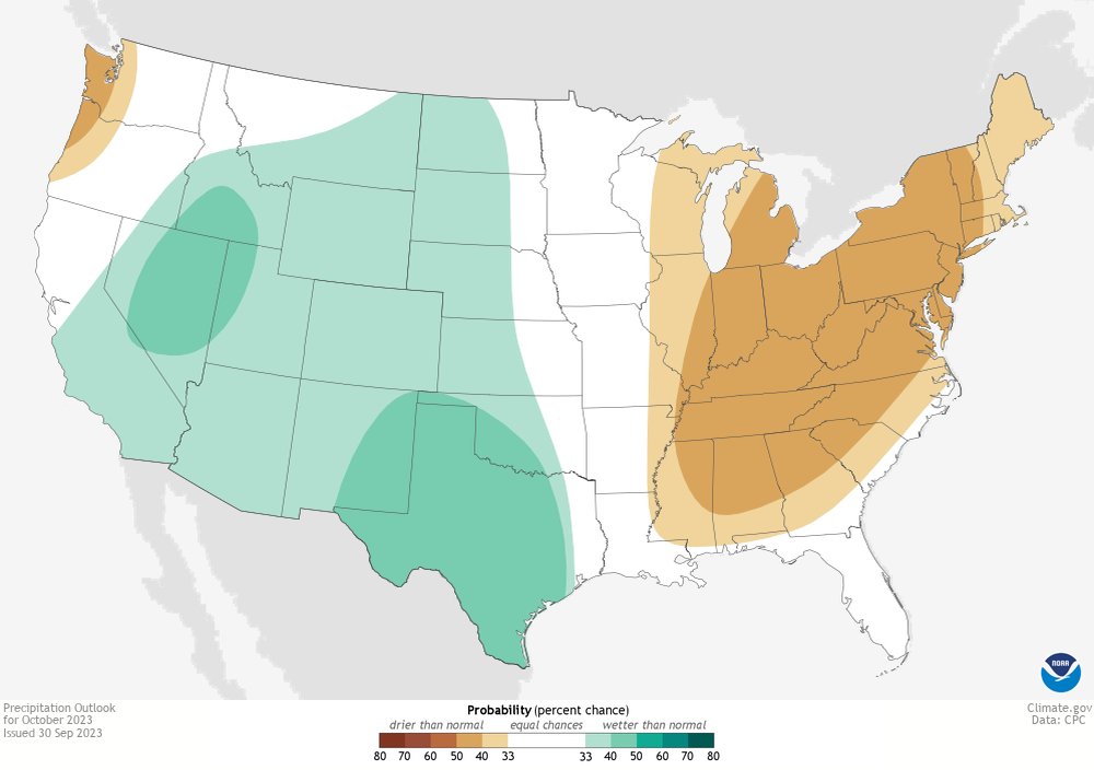 The October temperature and precipitation outlooks from @NWSCPC are out. Oct looks to trend warm for much of the country. The Pacific Northwest & eastern U.S. could see below normal precipitation while portions of the western and central U.S. could see above normal precipitation.