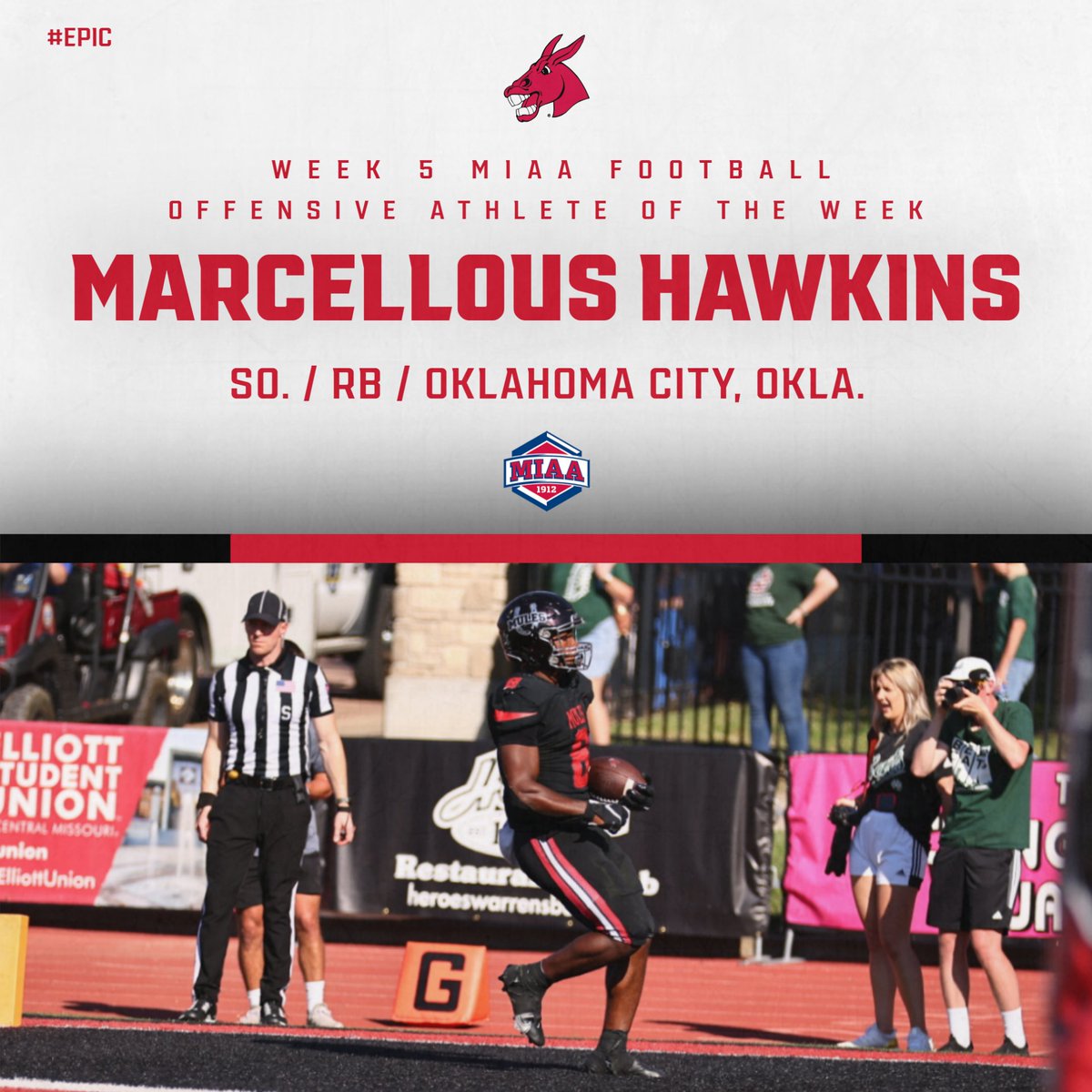 UCMFootballTeam's tweet photo. Running back Marcellous Hawkins has been voted this week's @TheMIAA Offensive Athlete of the Week!

He rushed for a career-best 149 yards with 2⃣ TDs in our "W" over Northwest Missouri Saturday.

Congratulations, Marcellous!

📝 | https://t.co/X4VFckd88S

#teamUCM x #EPIC https://t.co/dYcan4xjSm