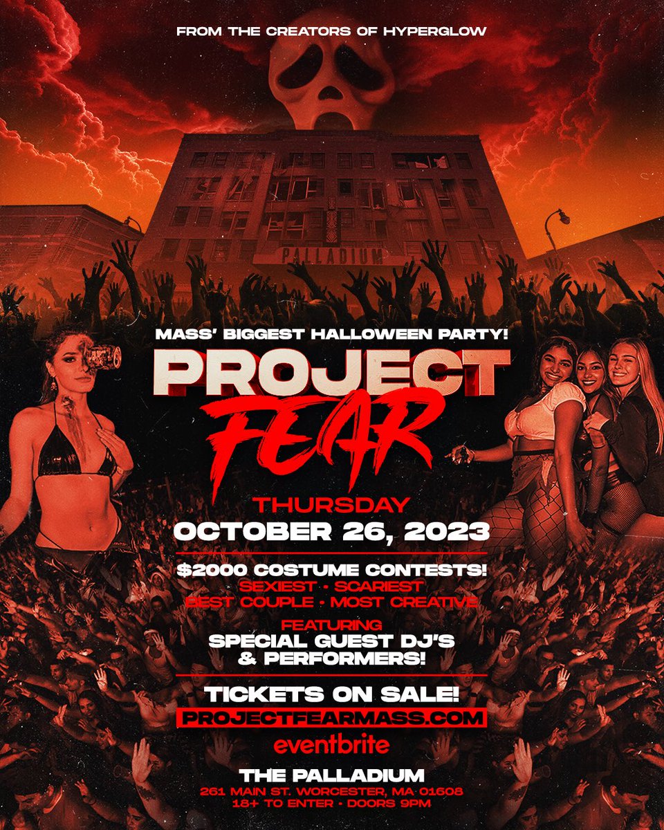MASSACHUSETTS‼️😈🎉 Biggest Halloween Party in the state PROJECT FEAR is coming to haunt you Oct. 26th @ The Palladium in Worcester!

🎃 $2000 Costume Contests!
🔊 Special Guest DJ’s + Performers!
🎟 Get Tickets! ProjectFearMass.com