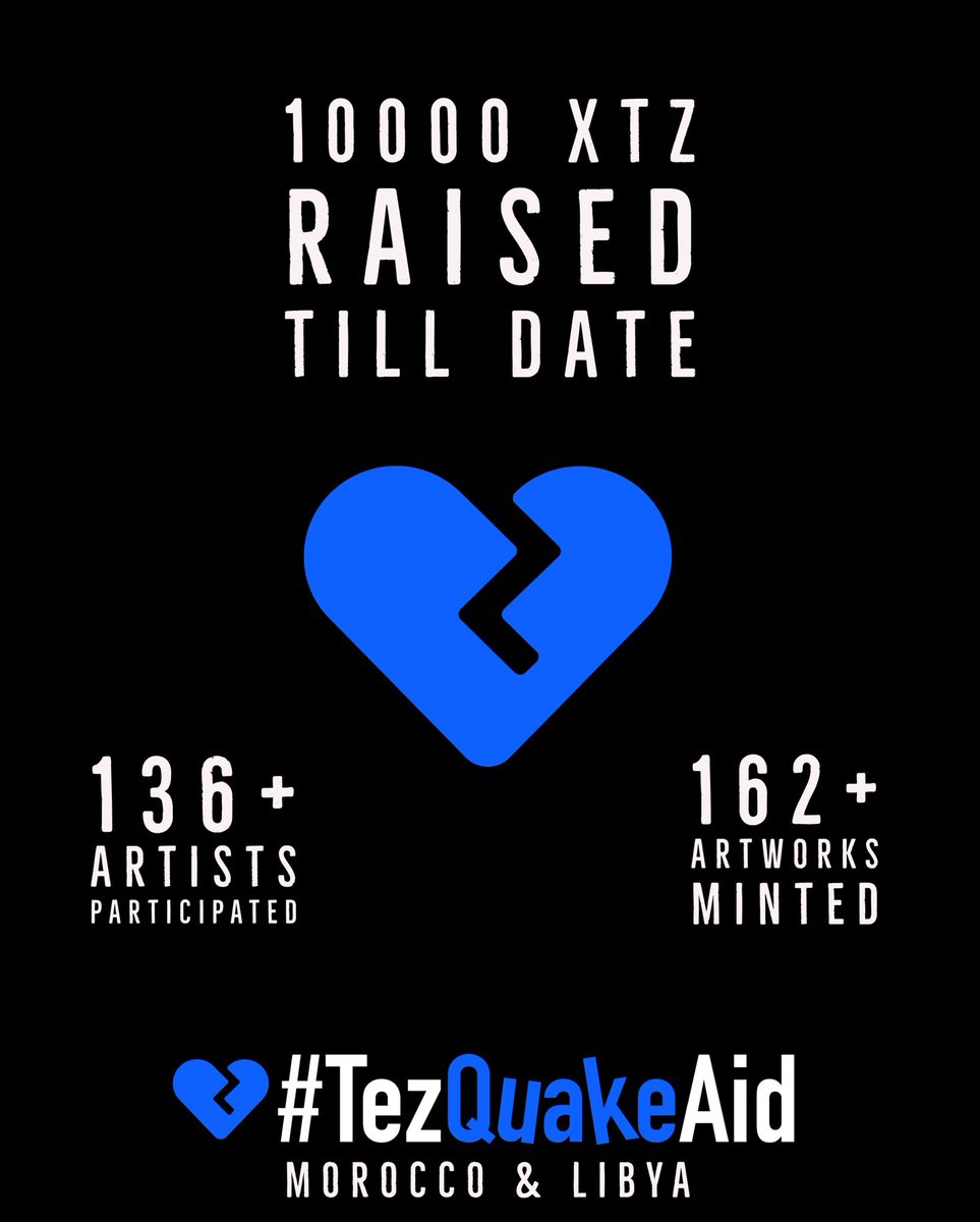 Our amazing community has raised 10,000 Tezos so far! With the remaining balance in our main wallet, we'll be donating around 13k Tezos to support the French Red Cross Morocco Earthquake and Libya Flood dedicated funds. Thank you all for your generosity! 🙏 

#TezQuakeAid