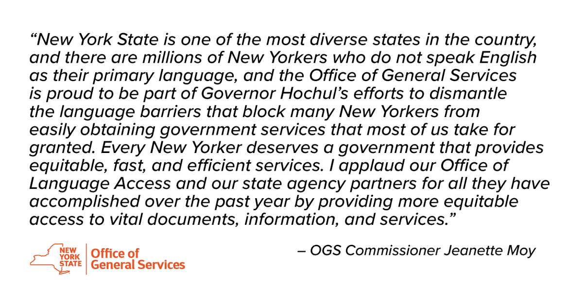NYS_OGS's tweet photo. OGS is proud to join Governor Kathy Hochul in celebrating the one-year anniversary of the New York State Office of Language Access, within OGS, and its many accomplishments over the past year. More from @GovKathyHochul: https://t.co/YIc8jGi7El https://t.co/PLbCXIxjhh