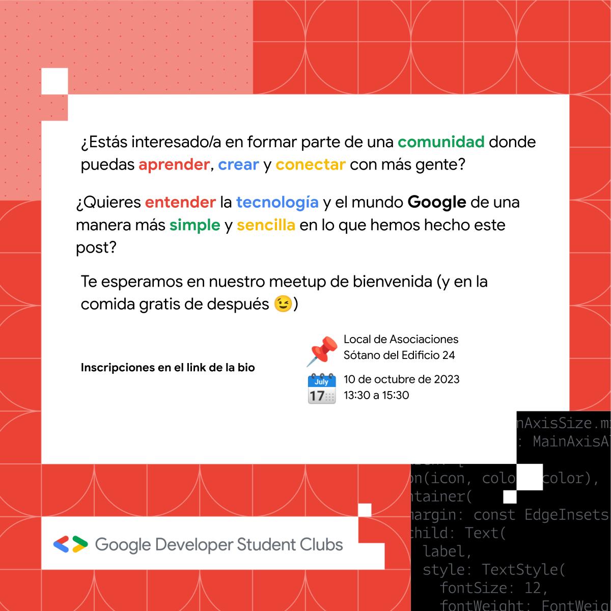 Google Developer Student Club - UPO (@gdsc_upo) on Twitter photo ¡Hola mundo! Queremos conoceros y que nos deis la oportunidad de daros uno de los mejores espacios de la universidad.
Por ello te esperamos el 10 de octubre a las 13:30h en el local de Asociaciones (Sótano del Edif. 24).
Inscripciones y + info en la bio
<a href="/pablodeolavide/">Pablo de Olavide</a> ¡Hola mundo! Queremos conoceros y que nos deis la oportunidad de daros uno de los mejores espacios de la universidad.
Por ello te esperamos el 10 de octubre a las 13:30h en el local de Asociaciones (Sótano del Edif. 24).
Inscripciones y + info en la bio
<a href="/pablodeolavide/">Pablo de Olavide</a>