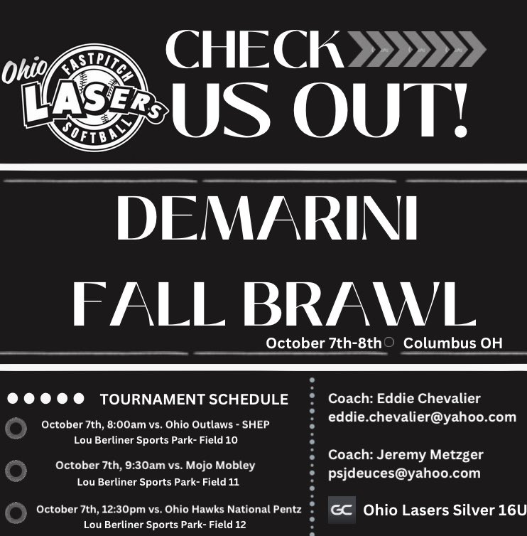 Katelyn MacNeill 2024 (@katelynmacneill) on Twitter photo I am super excited to be competing with my new team this upcoming weekend at the Demarini Fall Brawl. Coaches, here is our schedule, I hope you can make it out to a game! <a href="/laserssilver/">Ohio Lasers Silver</a> <a href="/tmoceri7/">Taylor Moceri</a> <a href="/CoachDanVitale/">Dan Vitale</a> <a href="/Jess_Odonnell88/">Jessica O'Donnell</a> @CoachJSchraff I am super excited to be competing with my new team this upcoming weekend at the Demarini Fall Brawl. Coaches, here is our schedule, I hope you can make it out to a game! <a href="/laserssilver/">Ohio Lasers Silver</a> <a href="/tmoceri7/">Taylor Moceri</a> <a href="/CoachDanVitale/">Dan Vitale</a> <a href="/Jess_Odonnell88/">Jessica O'Donnell</a> @CoachJSchraff