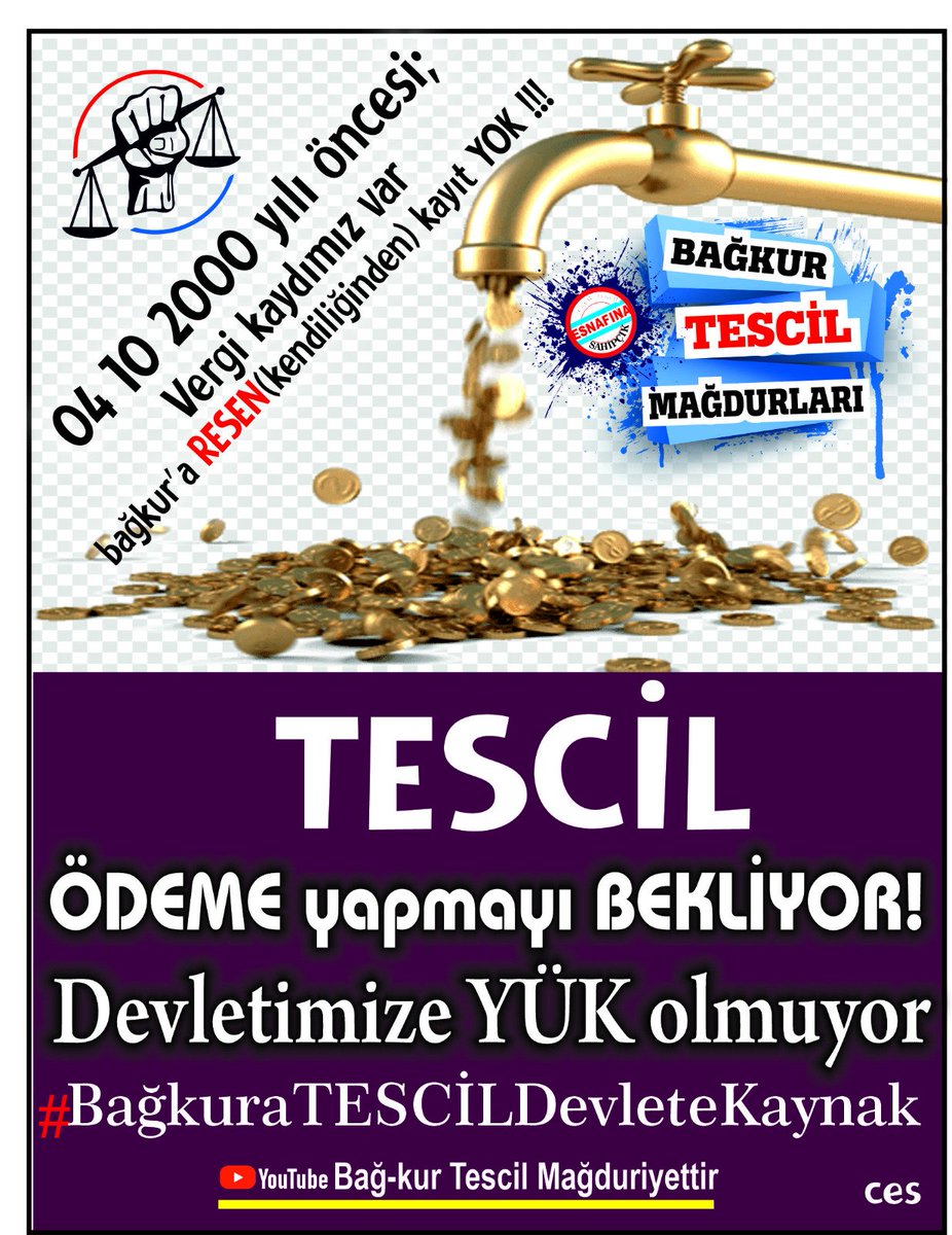(BağkurTESCİL)Esnaf ve Sanatkarların talebi; vergi kaydı olana Bağkur TESCİL hakkının verilmesidir <a href="/RTErdogan/">Recep Tayyip Erdoğan</a> <a href="/_cevdetyilmaz/">Cevdet Yılmaz</a> <a href="/isikhanvedat/">Prof. Dr. Vedat Işıkhan</a> <a href="/vedatbilgn/">Vedat Bilgin</a> <a href="/ErbakanFatih/">Dr. Fatih Erbakan</a> <a href="/Akparti/">AK Parti</a> <a href="/memetsimsek/">Mehmet Simsek</a> <a href="/mvaliyuksel42/">Ali Yüksel</a> #BağkurTESCİLMağdurları #TESCİLAnayasalHaktır #TBMMBağkuraTESCİLİMİYap
