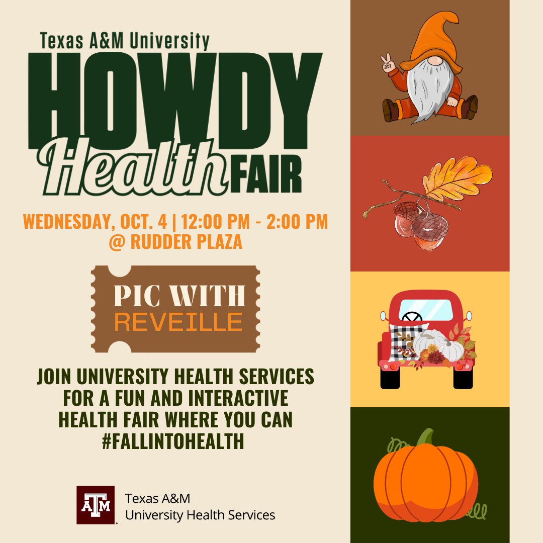TAMUArchCollege's tweet photo. Howdy Health Fair is THIS WEDNESDAY! Don't miss out on fun games, activities and free health fair swag! For more information, visit https://t.co/Kb9XDTIV0y.
@tamuuhs #howdyhealthfair #fallintohealth https://t.co/oYKSM5jvn1