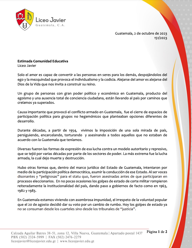JessaGramajo's tweet photo. "No podemos dejar de pronunciarnos ante la irracional miopía de un pequeño, pero poderoso sector, de las élites políticas y económica que por sus abyectos intereses están mutilando el futuro", se lee en un comunicado que habría emitido el Consejo Directivo del colegio LiceoJavier https://t.co/stnPJ9Bf4n