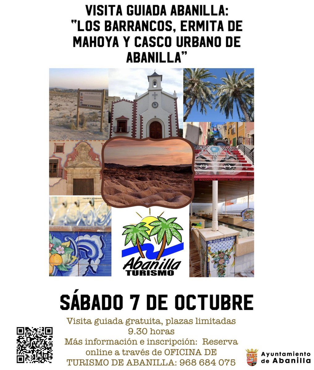 TurismoAbanilla's tweet photo. 👉🏻PRÓXIMA VISITA GUIADA: Los Barrancos de #Mahoya, Ermita de la “Santa Cruz” de Mahoya, alrededores y casco histórico Abanilla
🗓️SÁBADO 7 DE OCTUBRE
✍🏻9.30 h
📍Plza de Mahoya
📣Necesaria inscripción-plazas limitadas.
Inscripción 🧑🏻💻online: https://t.co/eTQnZ8BBbN
📲968 684 075 https://t.co/VeawE6qxmt