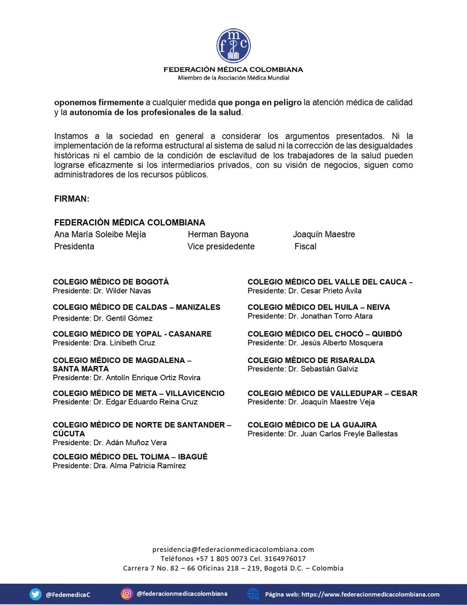 Federación Médica Colombiana FMC (@fedemedicac) on Twitter photo #ComunicadoFMC La <a href="/FedemedicaC/">Federación Médica Colombiana FMC</a> manifiesta su desacuerdo con la postura declarada por algunas de las organizaciones que hacen parte de “Acuerdos Fundamentales”, en defensa de la intermediación financiera de las EPS.
Ver la información completa en👇🏿:
federacionmedicacolombiana.com/2023/10/02/com… #ComunicadoFMC La <a href="/FedemedicaC/">Federación Médica Colombiana FMC</a> manifiesta su desacuerdo con la postura declarada por algunas de las organizaciones que hacen parte de “Acuerdos Fundamentales”, en defensa de la intermediación financiera de las EPS.
Ver la información completa en👇🏿:
federacionmedicacolombiana.com/2023/10/02/com…