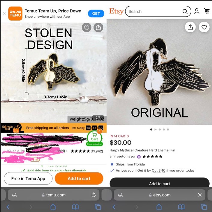 Why does @shoptemu allow blatant theft from artists? Here is my stolen #harpy #enamelpin stolen by a 'shop' that apparently steals many artists artwork to make into cheap alloy pins and sells for a quick buck.  #Temu #copyrightinfringement