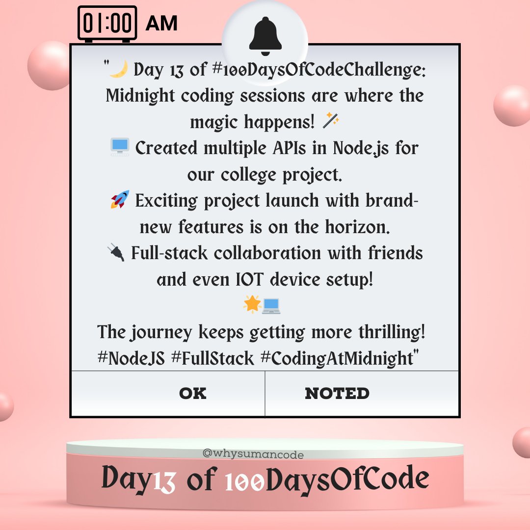 whysumancode's tweet photo. "🌙#Day13 of #100DaysOfCodeChallenge: Midnight coding === magic! 🪄
🖥️ Created multiple APIs in @Nodejs &amp; @mongodb dBs for college projects.
🚀 Exciting project launch with brand-new features is on the horizon.

 🌟💻 #NodeJS #FullStack #CodingAtMidnight" https://t.co/tCsIh6JhUc
