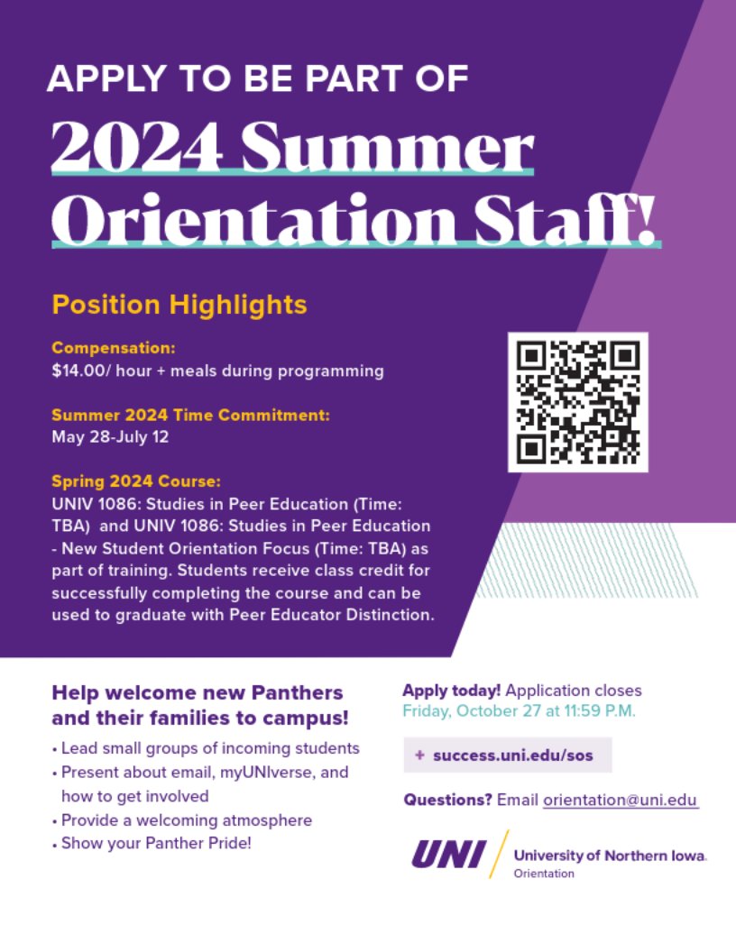 We are ecstatic to be starting the process to build our Orientation team for this upcoming year!

Role Details &amp; Application Link: success.uni.edu/sos

Applications are live now through Friday, October 27 at 11:59PM.
