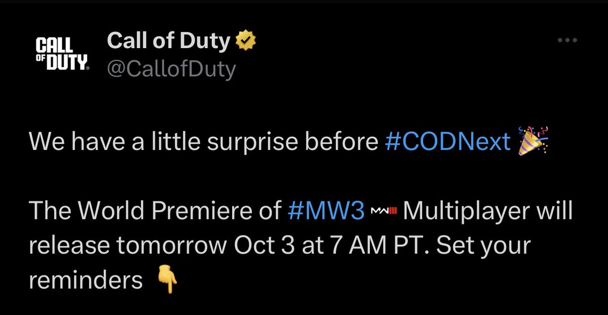 ModernWarzone's tweet photo. 🚨 BREAKING 🚨

Modern Warfare 3 Multiplayer gameplay trailer will go live early ahead of COD NEXT tomorrow at 7 AM PT! 

Link to the video will be in a reply to this tweet for anyone who wants to set a reminder. https://t.co/dalS7319Pj