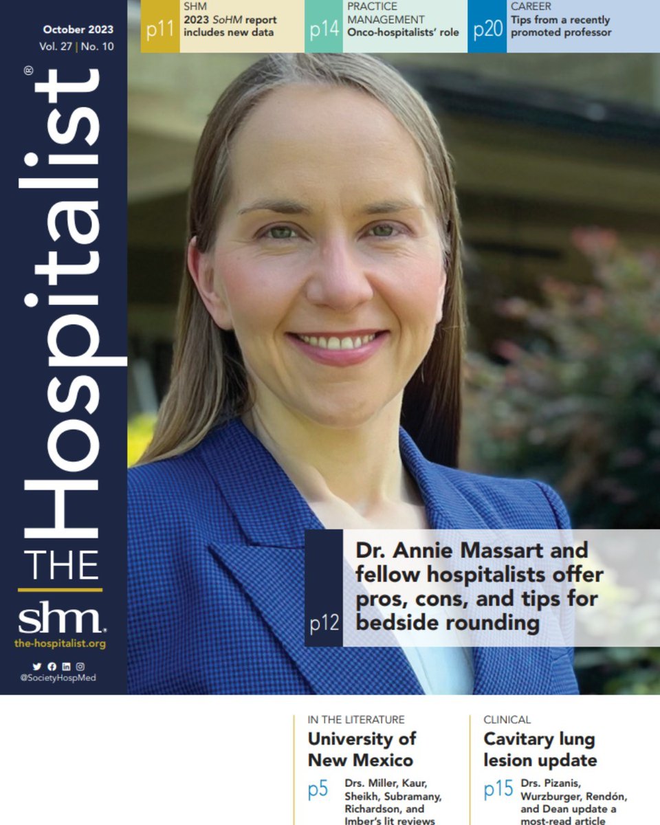 The October issue is available online now! 🙌 Explore pros, cons, and tips for bedside rounding, insights from the 2023 SoHM report, &amp; so much more! #HowWeHospitalist

Shout-out to this month's cover star, <a href="/Annie_Massart_/">Annie Massart</a>!  👏 📸 
the-hospitalist.org