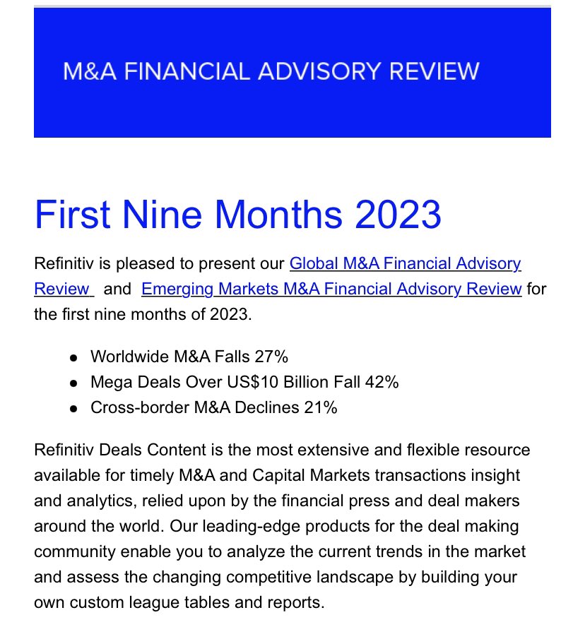 ArtificialLawya's tweet image. Wow. Data from @Refinitiv shows M&amp;amp;A deals still in the doldrums - first three quarters of 2023 showed 27% global drop in deals - 42% drop in mega deals that the top law firms’ corporate teams would handle. 

&amp;gt; FYI #legaltech #dealtech #lawtwitter