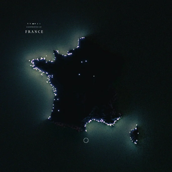 A lighthouse map of France with lighthouses depicted as illuminated globes 