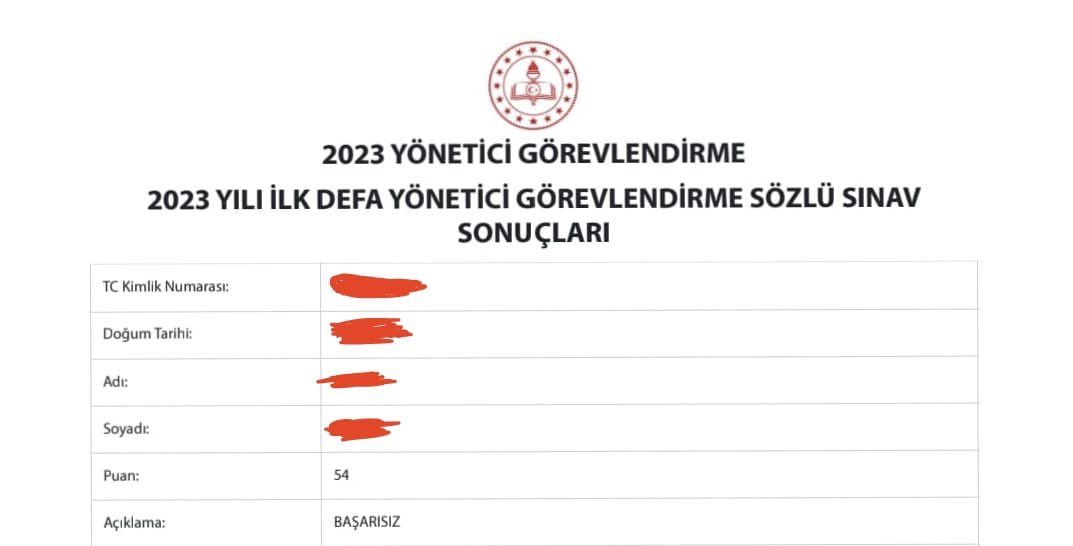 Sayın <a href="/Yusuf__Tekin/">Yusuf Tekin</a> Bakanlığımız 2023 yılı eğitim kurumlarına yönetici seçme sürecinde müdür ve müdür yardımcılığı mülakatlarının sonuçları bugün açıklanmıştır. Ülkenin dört bir yanından mülakatlarda 60 altında puan verilen veya puanı düşük verilen eğitim çalışanları